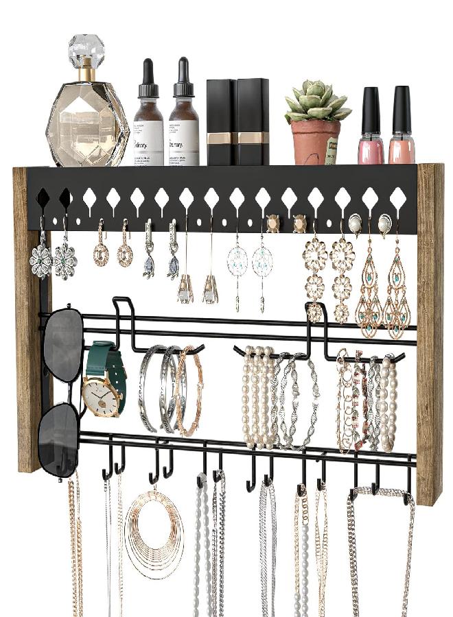 J JACKCUBE DESIGN J JACKCUBE DESIGN Rustic Wood Wall Mount Jewelry Organizer with Metal Hooks for Necklaces Earrings and Bracelets (Wood) : MK460A - Image 1