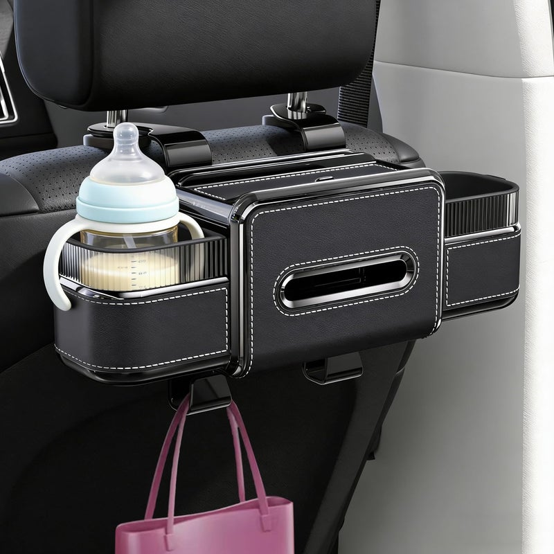 Arcoche Back Seat Car Organizer 6 in 1 Multifunctional Car Back Seat Storage Box with Drink Cup Holder Tissue Box, for Car Phone Holder,Snacks, Drinks, Handbag, Makeup Mirror Black - Image 3
