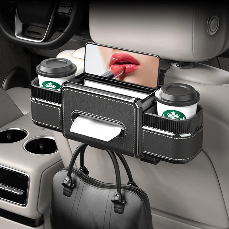 Arcoche Back Seat Car Organizer 6 in 1 Multifunctional Car Back Seat Storage Box with Drink Cup Holder Tissue Box, for Car Phone Holder,Snacks, Drinks, Handbag, Makeup Mirror Black - Image 1