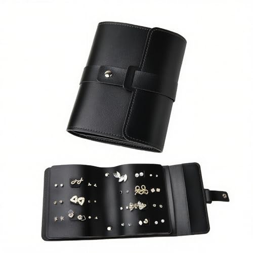 LAKE OF FIRE Earring Holder Organizer with Foldable Book Design Book Organizer, Portable Pu Leather Travel Earring Case (Black) - Image 1
