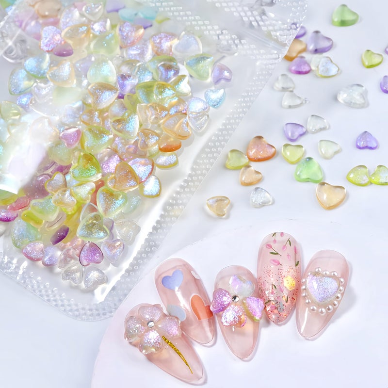 Quezadyl 300Pcs 3D Aurora Heart Nail Charms 3D Mixed Size Love Hearts Nail Rhinestones Jelly Resin Colored Peach Hearts Jewelry Diamonds for Acrylic Nails Valentines Aurora Gradient Heart Nails Gems for Women - Image 4