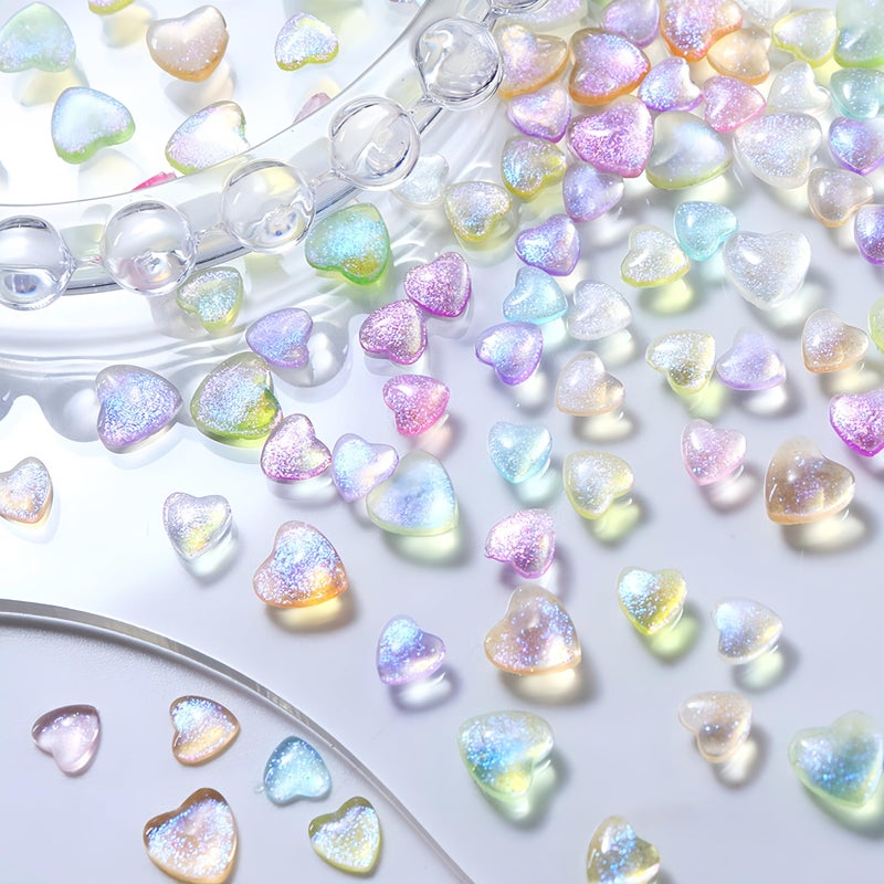Quezadyl 300Pcs 3D Aurora Heart Nail Charms 3D Mixed Size Love Hearts Nail Rhinestones Jelly Resin Colored Peach Hearts Jewelry Diamonds for Acrylic Nails Valentines Aurora Gradient Heart Nails Gems for Women - Image 3