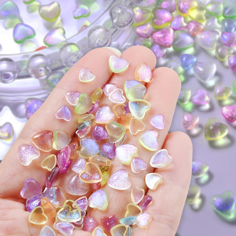 Quezadyl 300Pcs 3D Aurora Heart Nail Charms 3D Mixed Size Love Hearts Nail Rhinestones Jelly Resin Colored Peach Hearts Jewelry Diamonds for Acrylic Nails Valentines Aurora Gradient Heart Nails Gems for Women - Image 1