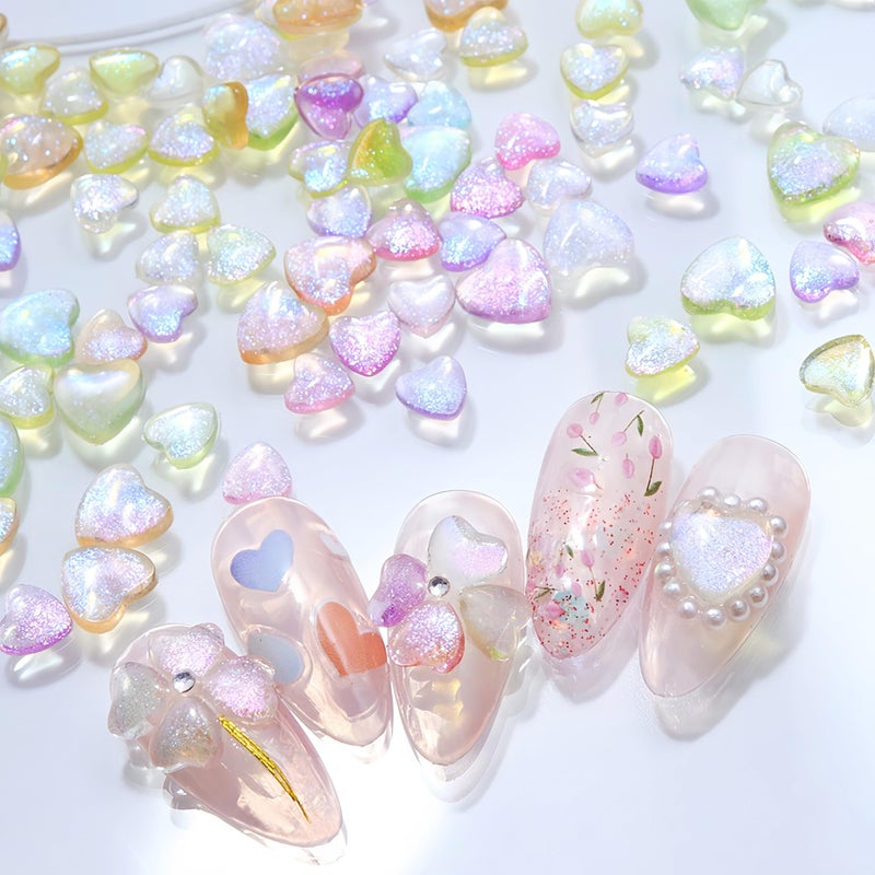 Quezadyl 300Pcs 3D Aurora Heart Nail Charms 3D Mixed Size Love Hearts Nail Rhinestones Jelly Resin Colored Peach Hearts Jewelry Diamonds for Acrylic Nails Valentines Aurora Gradient Heart Nails Gems for Women - Image 2