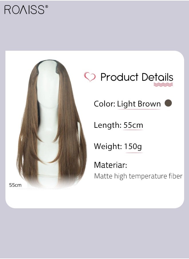 roaiss - V-Shaped Layered Hair Extensions, One Piece Straight Hair Extension Wig with 4 Clips, Heat Resistant Synthetic Hairpiece for Women Girls, Light Brown, 55cm (22 inches) - Image 1