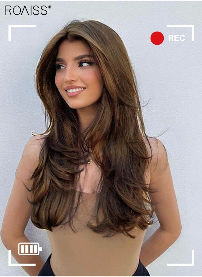 roaiss - V-Shaped Layered Hair Extensions, One Piece Straight Hair Extension Wig with 4 Clips, Heat Resistant Synthetic Hairpiece for Women Girls, Light Brown, 55cm (22 inches) - Image 1