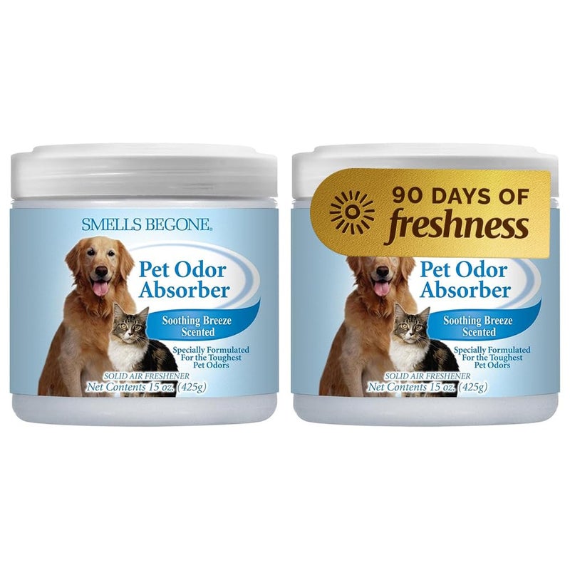SMELLS BEGONE Air Freshener Pet Odor Absorber Gel - 15 oz, Pack of 2 - Absorbs and Eliminates Odor in Pet Areas, Bathrooms, Cars, & Boats - Made with Essential Oils - Soothing Breeze Scent - Image 1
