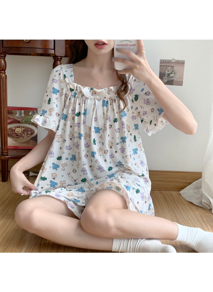 Generic - Summer Cotton Linen Short Sleeve Shorts Sweet Cute Casual Girl Loose Home Use Clothes Outdoor Home Hotel Bath Wedding Studio H5127# - Image 1