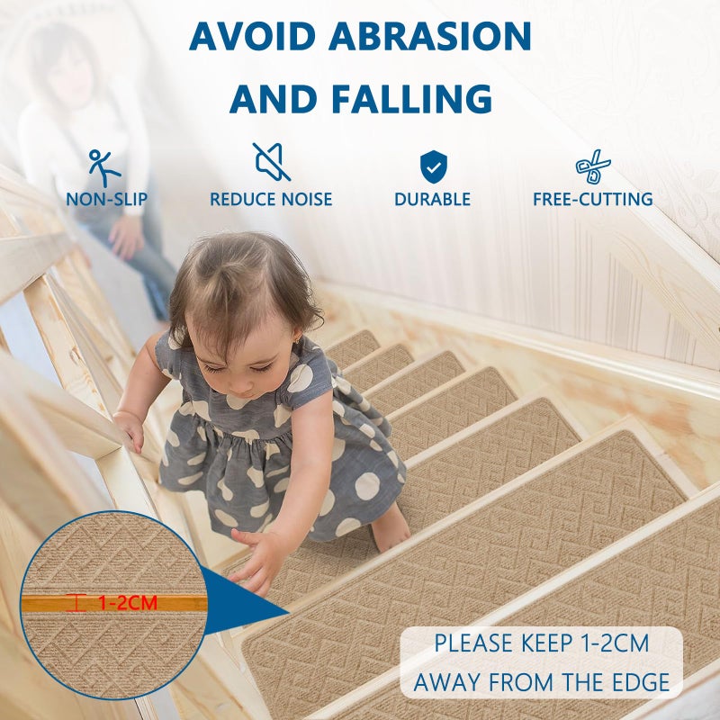 KOOTETA Stair Treads for Wooden Steps Indoor, 15 Pack 8" X 30" Non Slip Carpet Stair Treads with Reusable Adhesive for Kids Elders and Dogs, Surface Polyester TPR Backing Stair Rugs - Image 3