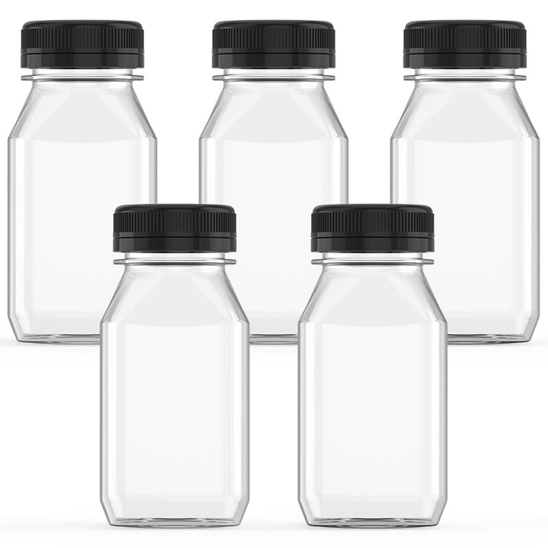 Hulless 5 Pcs 8 Ounce Plastic Juice Bottle Drink Containers Juicing Bottles with Black Lids, Suitable for Juice, Smoothies, Milk and Homemade Beverages, 250 mL - Image 1