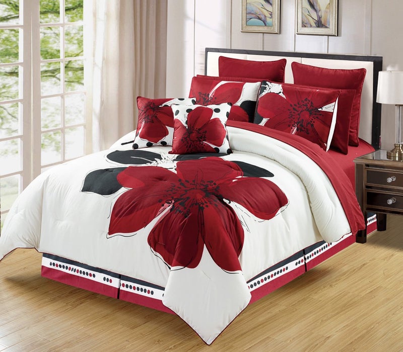 Grand Linen Grand Linen 12  Piece Burgundy Red Black White Floral BedinaBag Double Full Size Bedding  Sheets  Accent Pillows Comforter Set 