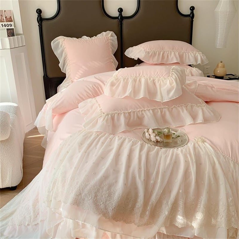 IHOUSTRIY Lace Duvet Cover Full Size, Chiffon Ruffled Beddding Set with Flower, 3 Pieces Comforter Cover Set with Zipper Closure, Girl Princess Bedding with Pillowcase - Pink, Full - Image 5