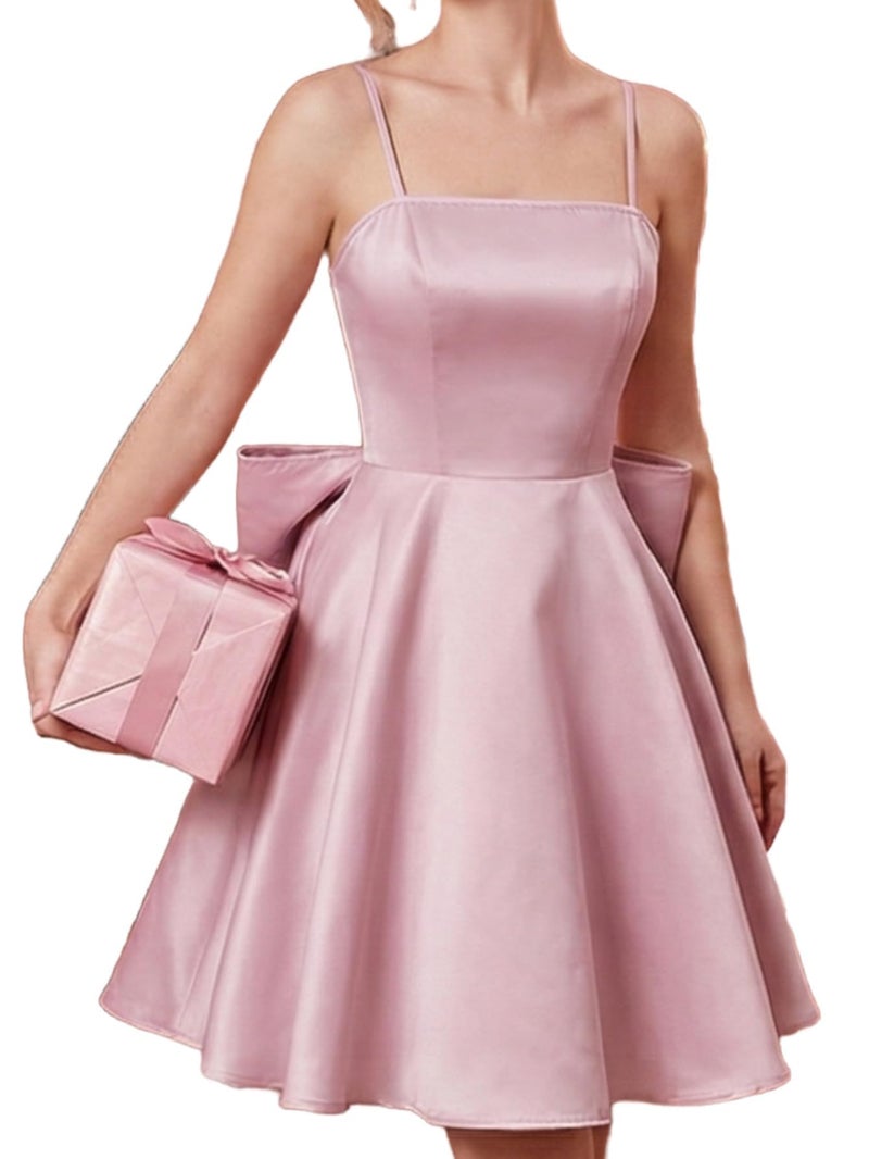 WDIRARA Women's Satin Bow Homecoming Dresses Spaghetti Strap Wedding Guest Gown Summer Mini Dress Pink - Image 1
