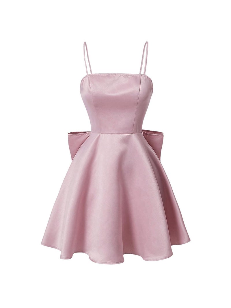 WDIRARA Women's Satin Bow Homecoming Dresses Spaghetti Strap Wedding Guest Gown Summer Mini Dress Pink - Image 3