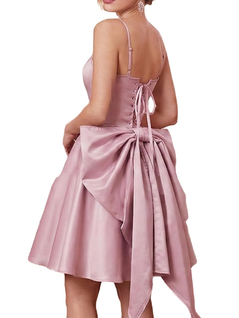 WDIRARA Women's Satin Bow Homecoming Dresses Spaghetti Strap Wedding Guest Gown Summer Mini Dress Pink - Image 2