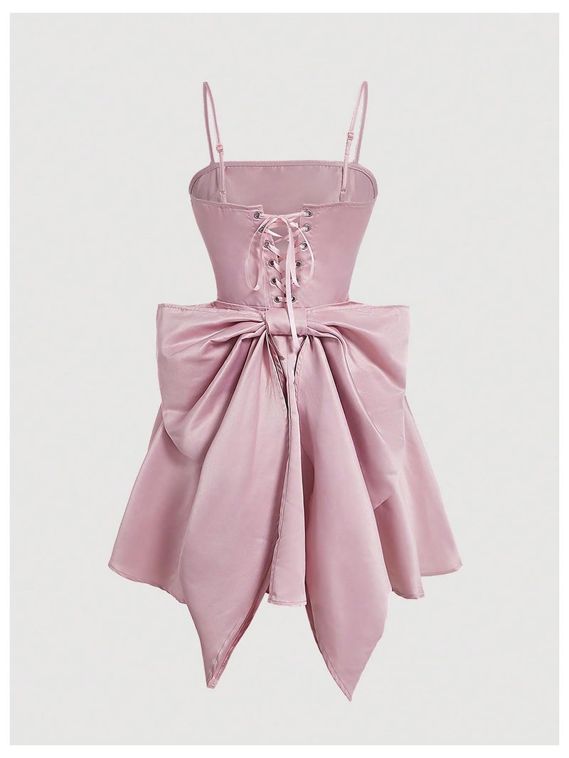 WDIRARA Women's Satin Bow Homecoming Dresses Spaghetti Strap Wedding Guest Gown Summer Mini Dress Pink - Image 4