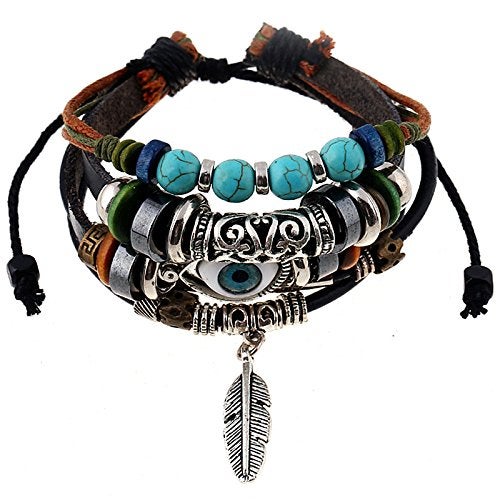 SOSUO Multilayer Leather Bracelet, Handmade Beaded Bracelet,Blue Eye Bracelet Vintage Hollow Carved Bracelet (Multicolor) - Image 2