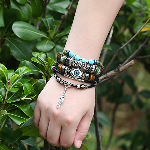 SOSUO Multilayer Leather Bracelet, Handmade Beaded Bracelet,Blue Eye Bracelet Vintage Hollow Carved Bracelet (Multicolor) - Image 3