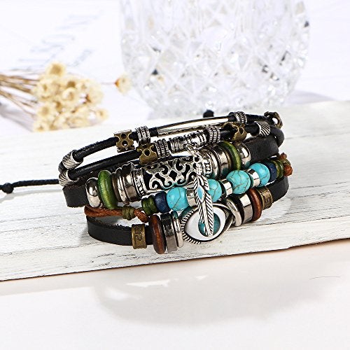SOSUO Multilayer Leather Bracelet, Handmade Beaded Bracelet,Blue Eye Bracelet Vintage Hollow Carved Bracelet (Multicolor) - Image 4
