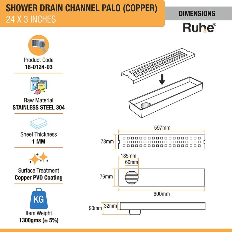RUHE قناة تصريف الدش الفاخرة Ruhe Palo بتغطية PVD 24 × 3 بوصة مع فتحة جانبية لمصيدة الصراصير من الفولاذ المقاوم للصدأ من الدرجة 304 باللون النحاسي العتيق - Image 2