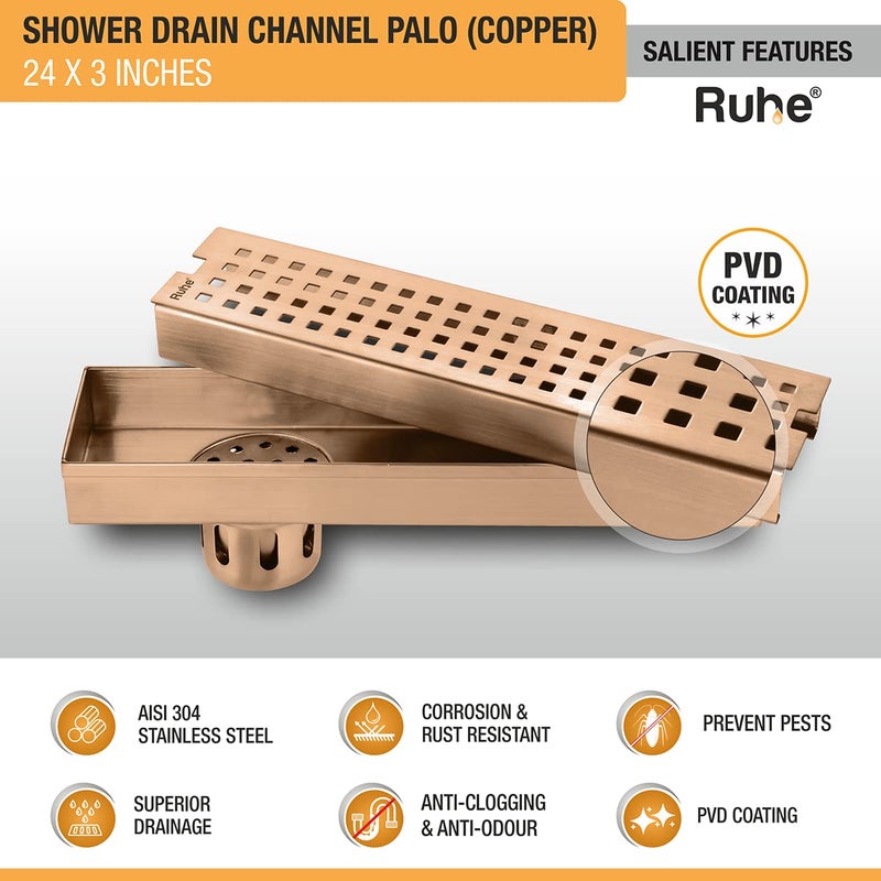 RUHE قناة تصريف الدش الفاخرة Ruhe Palo بتغطية PVD 24 × 3 بوصة مع فتحة جانبية لمصيدة الصراصير من الفولاذ المقاوم للصدأ من الدرجة 304 باللون النحاسي العتيق - Image 3