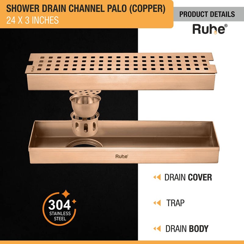 RUHE قناة تصريف الدش الفاخرة Ruhe Palo بتغطية PVD 24 × 3 بوصة مع فتحة جانبية لمصيدة الصراصير من الفولاذ المقاوم للصدأ من الدرجة 304 باللون النحاسي العتيق - Image 4