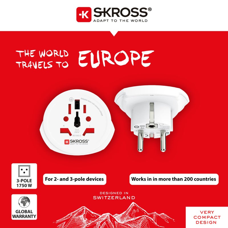 Skross World to Europe Country Travel Adaptor, White - Image 2