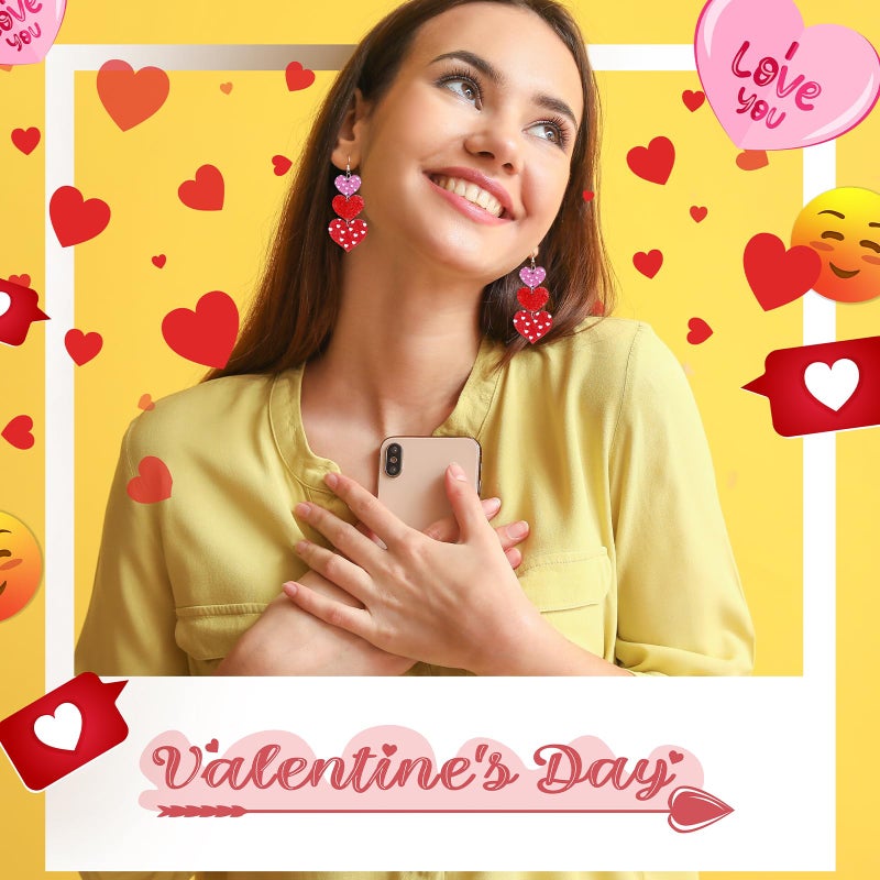 Mintolex Heart Earrings for Women Acrylic Glitter Red Pink Long Drop Earring Multi Hearts Love Earrings Jewelry for Valentine's Day, Solid Heart - Image 2