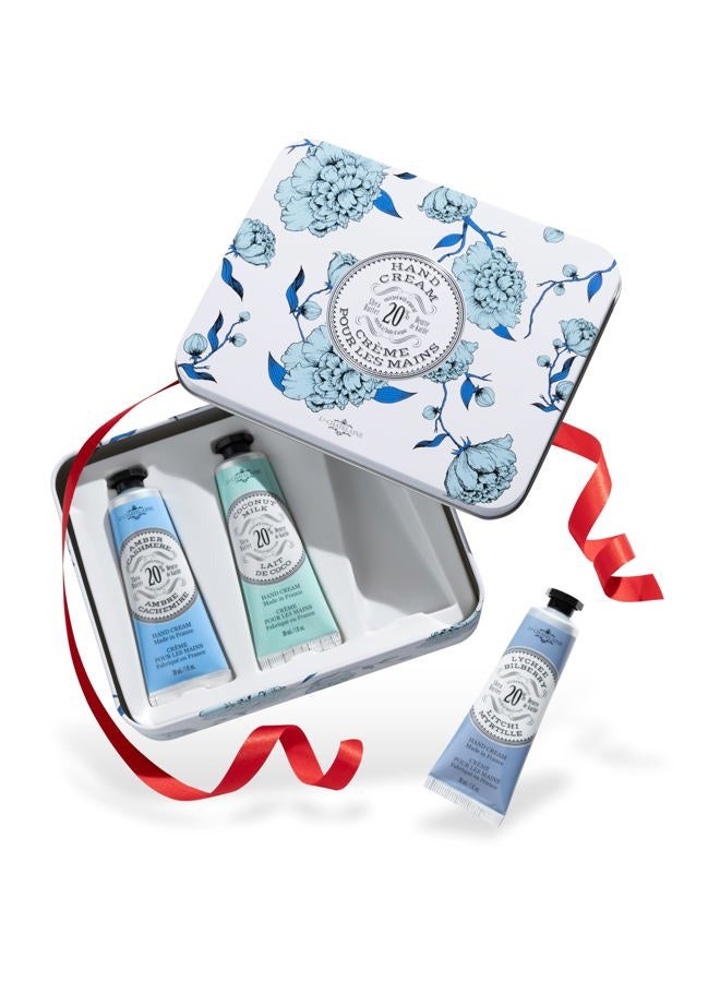 La Chatelaine Hand Cream Trio Tin Gift Set, Ready-To-Gift Tin, Nautral, Made in France with 20% Organic Shea Butter, Nourishing and Moisturizing (Amber Cashmere, Coconut Milk, Lychee Bilberry or Shea) - Image 1