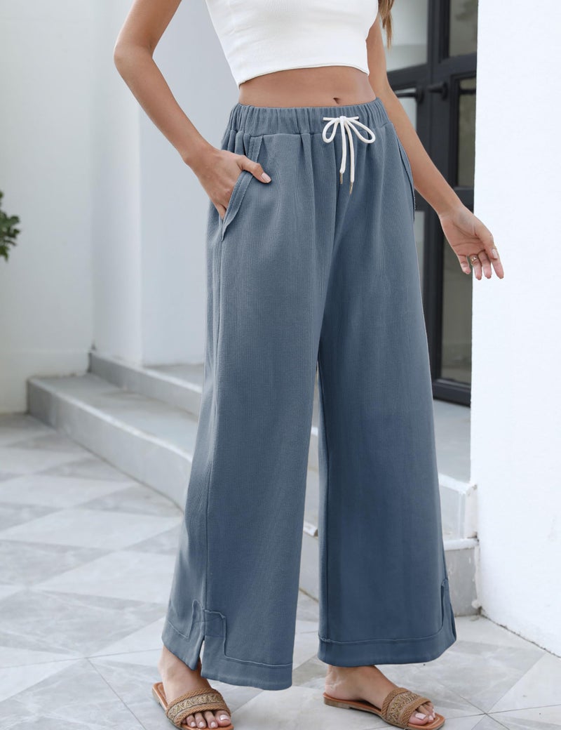 Springrain Womens Baggy Wide Leg Pants Casual Loose Cotton Drawstring Elastic Waisted Palazzo Pants with Pockets(Dustyblue-M) - Image 2
