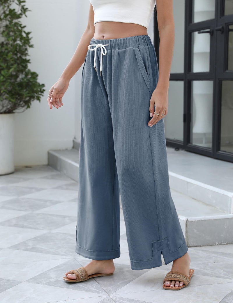 Springrain Womens Baggy Wide Leg Pants Casual Loose Cotton Drawstring Elastic Waisted Palazzo Pants with Pockets(Dustyblue-M) - Image 3