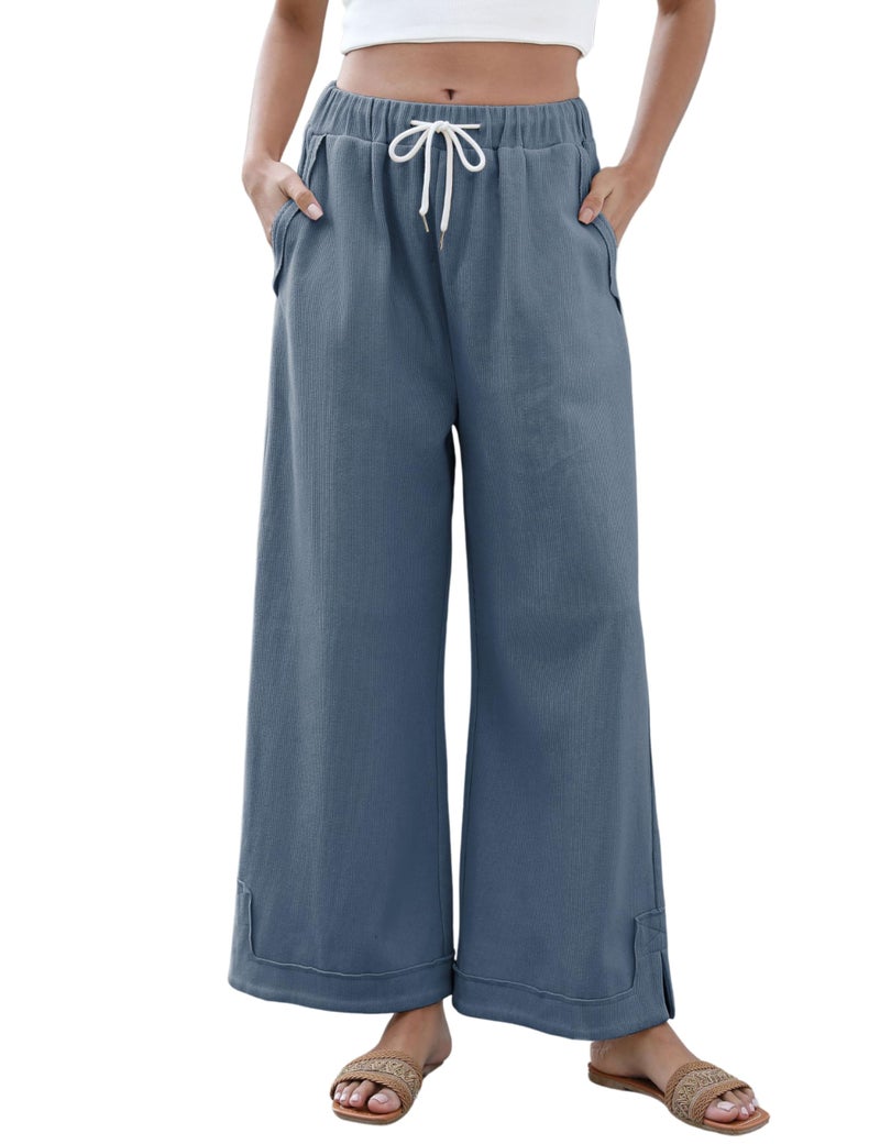 Springrain Womens Baggy Wide Leg Pants Casual Loose Cotton Drawstring Elastic Waisted Palazzo Pants with Pockets(Dustyblue-M) - Image 1