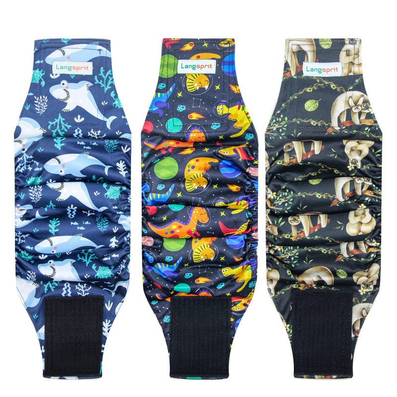 Langsprit Male Belly Bands for Dogs (Pack of 3) - High Absorbing Dog Wraps Male Washable - Reusable Dog Diapers (Sloth,Whale,Dinosaur, X-Large) - Image 1