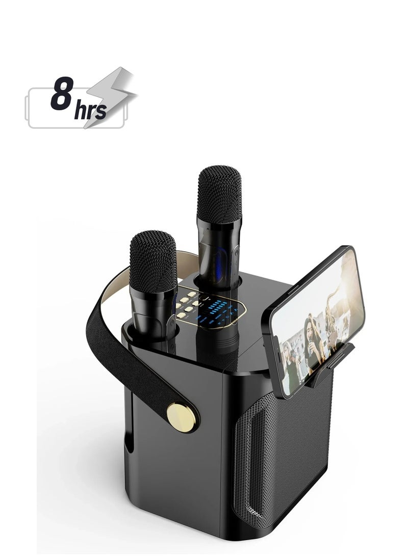 AROAQ سماعة بلوتوث كاريوكي، آلة كاريوكي صغيرة محمولة قابلة لإعادة الشحن مع 2 ميكروفون بلوتوث و لاسلكي، مضخم صوت لاسلكي 360 ستيريو مقاوم للماء للحفلات الداخلية والخارجية، (أسود) - Image 1