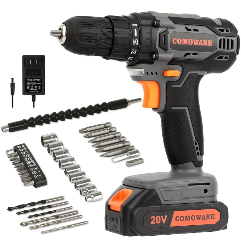COMOWARE Cordless Drill Set, 20V Electric Power Drill Set,1 Battery & Charger, 3/8" Keyless Chuck, 2 Variable Speed, 266 In-lb Torque, 25+1 Position, Orange - Image 1