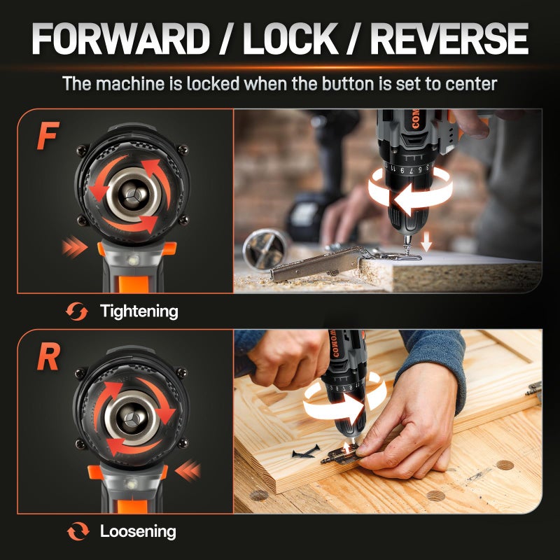COMOWARE Cordless Drill Set, 20V Electric Power Drill Set,1 Battery & Charger, 3/8" Keyless Chuck, 2 Variable Speed, 266 In-lb Torque, 25+1 Position, Orange - Image 4