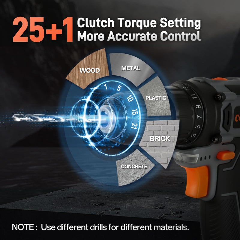 COMOWARE Cordless Drill Set, 20V Electric Power Drill Set,1 Battery & Charger, 3/8" Keyless Chuck, 2 Variable Speed, 266 In-lb Torque, 25+1 Position, Orange - Image 3