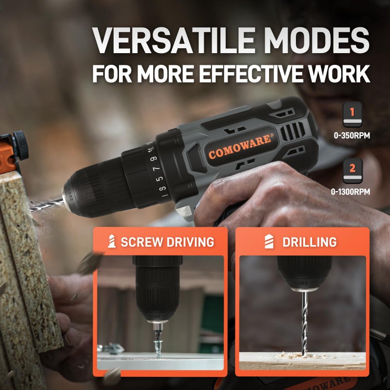 COMOWARE Cordless Drill Set, 20V Electric Power Drill Set,1 Battery & Charger, 3/8" Keyless Chuck, 2 Variable Speed, 266 In-lb Torque, 25+1 Position, Orange - Image 5