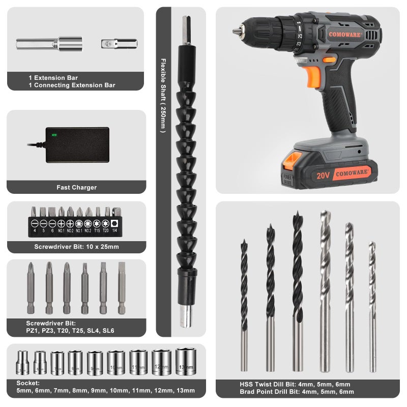 COMOWARE Cordless Drill Set, 20V Electric Power Drill Set,1 Battery & Charger, 3/8" Keyless Chuck, 2 Variable Speed, 266 In-lb Torque, 25+1 Position, Orange - Image 2