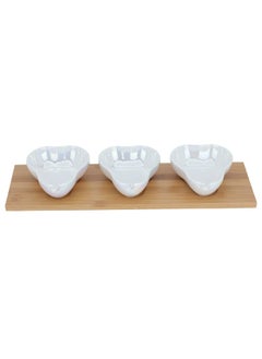 Alsaif Gallery Beige porcelain fruit-shaped yogurt set with wooden plate, 3 pieces  - Image 1