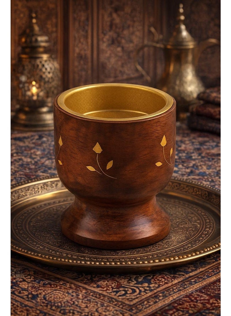 Roman Gifts Wooden Bakhoor Burner Solid Wood Incense Holder with Golden Metal Insert, Hand Carved Floral Inlay 8cm Height Premium Arabic Home Fragrance Accessory - Image 1