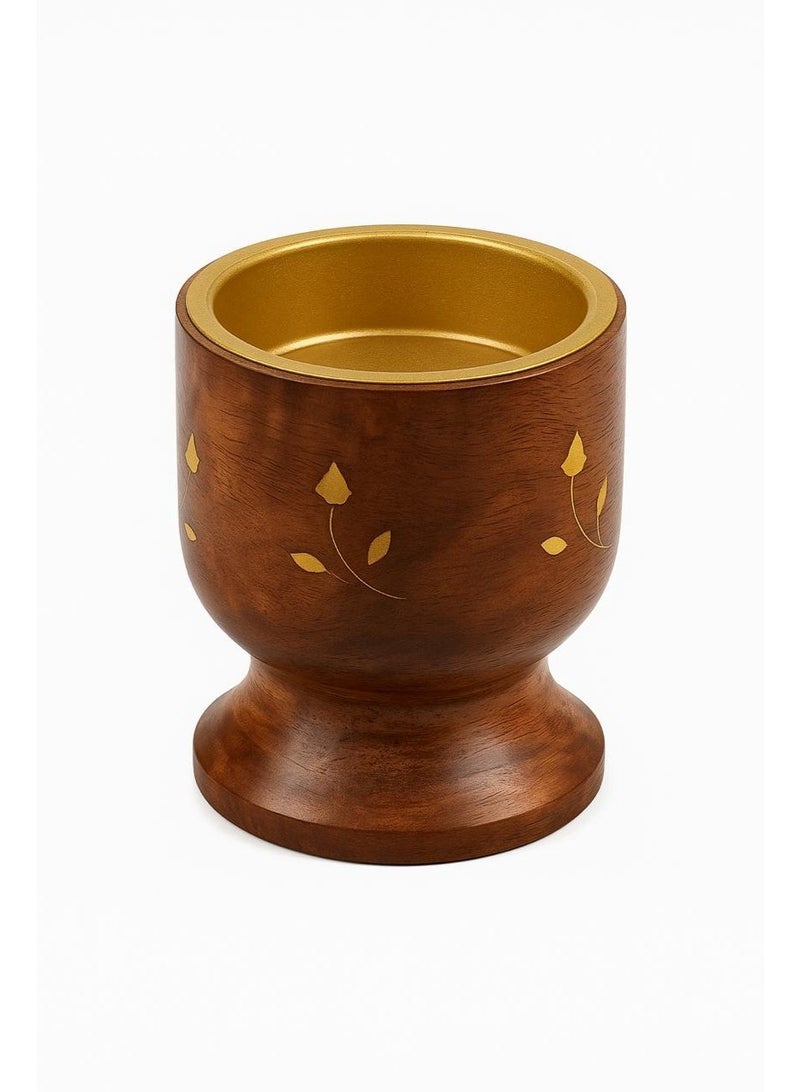Roman Gifts Wooden Bakhoor Burner Solid Wood Incense Holder with Golden Metal Insert, Hand Carved Floral Inlay 8cm Height Premium Arabic Home Fragrance Accessory - Image 2