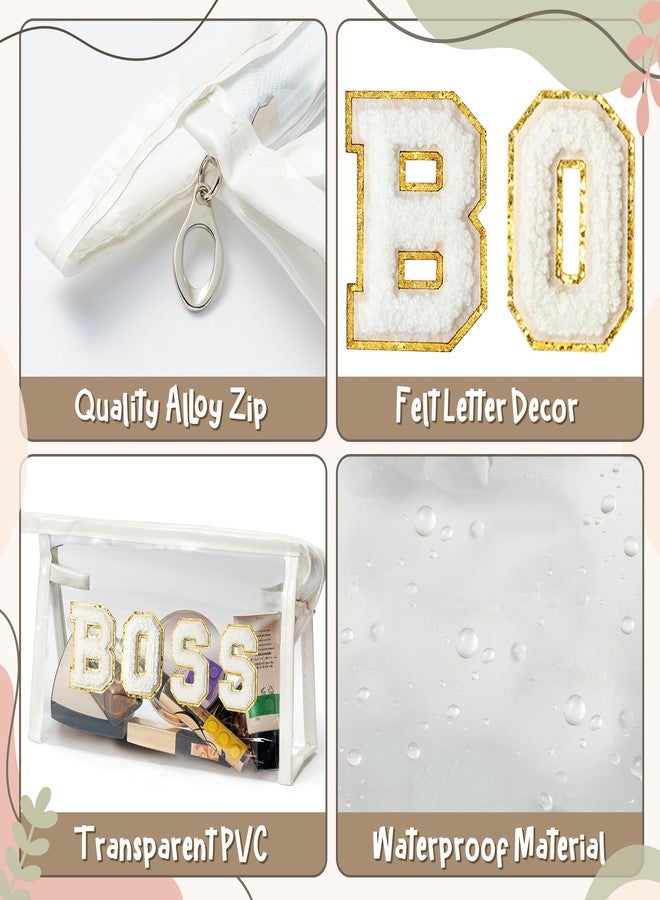 CY2SIDE BOSS Clear Makeup Bag - White BOSS Letter Patch Cosmetic Bag Best Gift for Sister PVC Zipper Clear Travel Pouch with handle for Toiletries Waterproof Portable Travel Organizer for Women Girl - Image 3