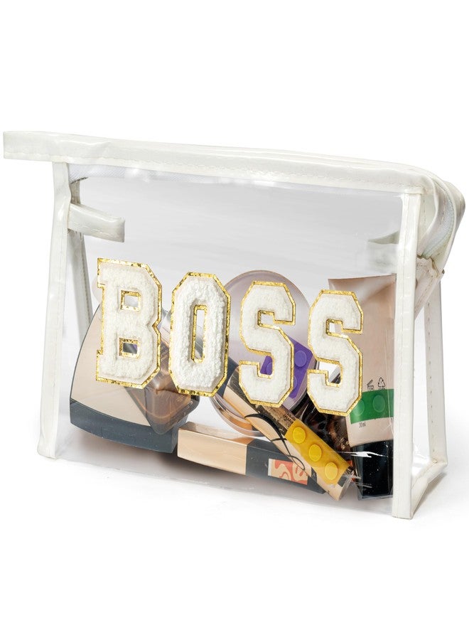 CY2SIDE BOSS Clear Makeup Bag - White BOSS Letter Patch Cosmetic Bag Best Gift for Sister PVC Zipper Clear Travel Pouch with handle for Toiletries Waterproof Portable Travel Organizer for Women Girl - Image 1