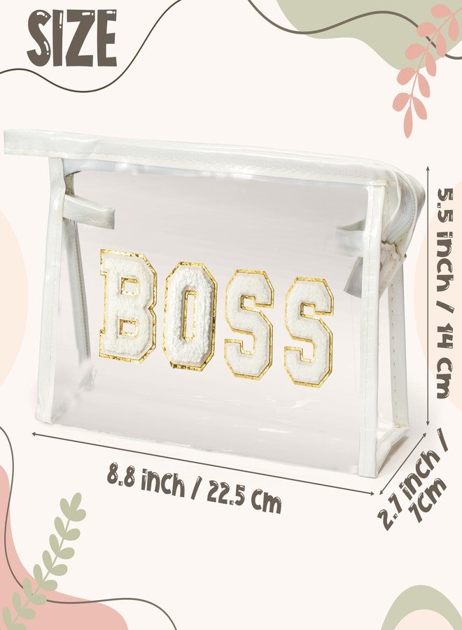 CY2SIDE BOSS Clear Makeup Bag - White BOSS Letter Patch Cosmetic Bag Best Gift for Sister PVC Zipper Clear Travel Pouch with handle for Toiletries Waterproof Portable Travel Organizer for Women Girl - Image 2