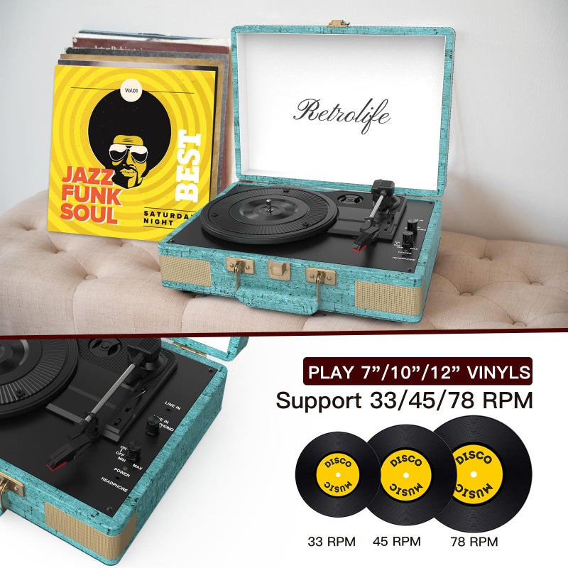 Retrolife مشغل أسطوانات ريترو لايف 3 سرعات بلوتوث محمول حقيبة مشغل أسطوانات مع مكبرات صوت مدمجة جودة صوت محسنة جلد PU عتيق - Image 3