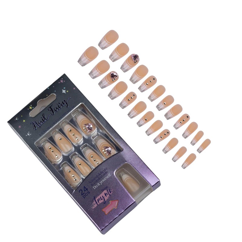 Evona French Press on Nails Medium Square Fake Nails Exquisite Glue on Nails Full Cover Acrylic Artificial Nails Glossy Nails Stick on Nails for Women and Girls Manicure Art 24Pcs - Image 1