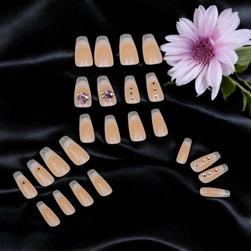Evona French Press on Nails Medium Square Fake Nails Exquisite Glue on Nails Full Cover Acrylic Artificial Nails Glossy Nails Stick on Nails for Women and Girls Manicure Art 24Pcs - Image 3