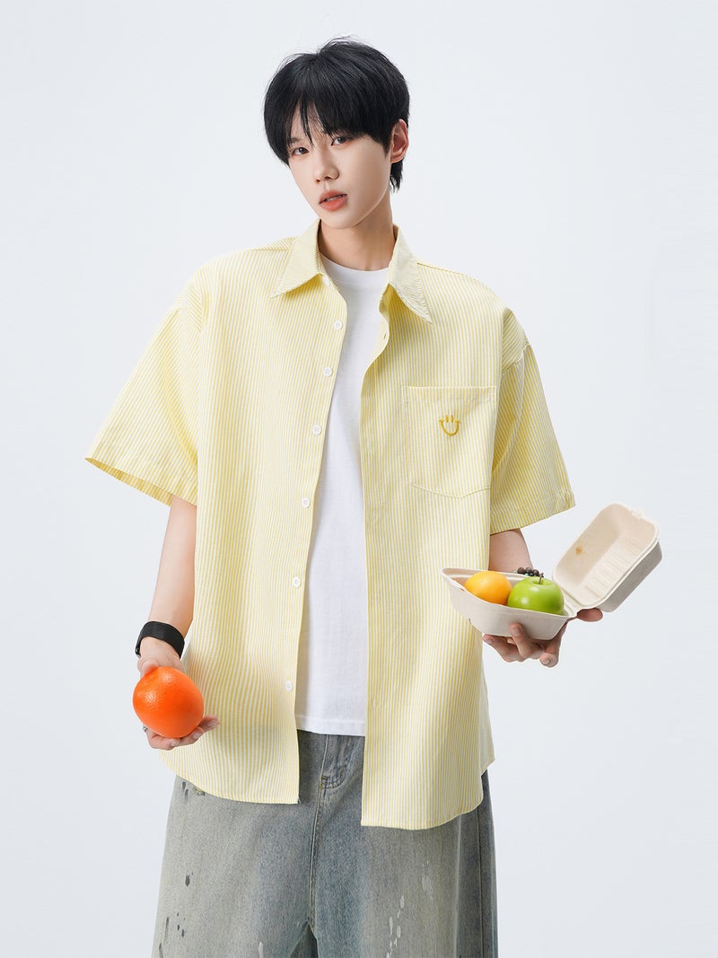 Smile Embroidery Striped Short Sleeve Shirt Casual Loose Fit Couple Top - Image 3