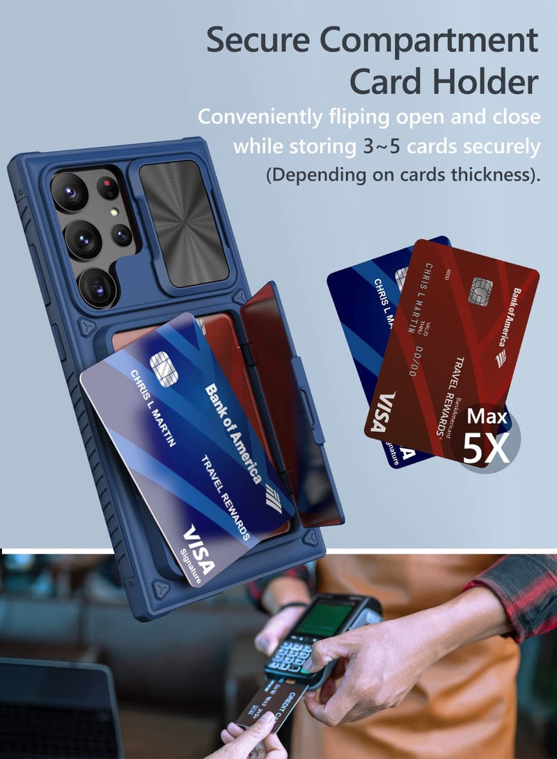 Vihibii for Samsung Galaxy S23 Ultra Case with Card Holder (4 Cards) & Sliding Camera Cover & Kickstand, Shockproof Rugged Hard Back & TPU Edge Wallet Case for Galaxy S23 Ultra 5G 6.8" 2023, Blue - Image 2